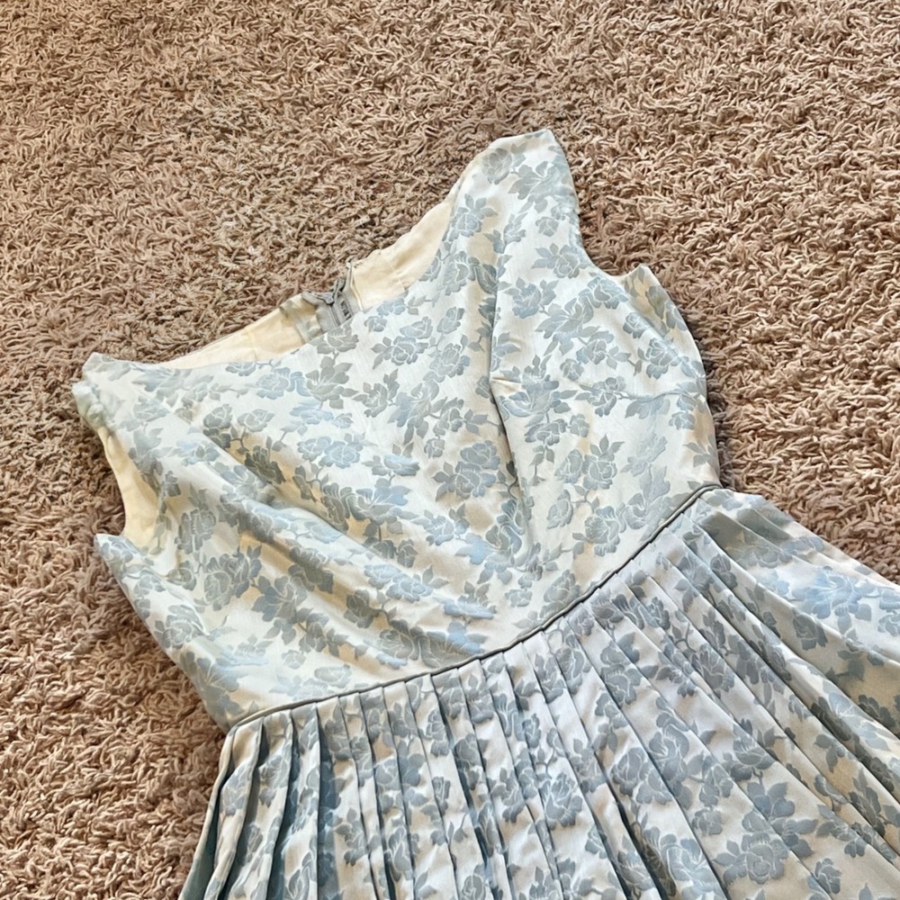 Vintage 50s Blue Floral Brocade Fit & Flare Pleated Cocktail Dress Sleeveless